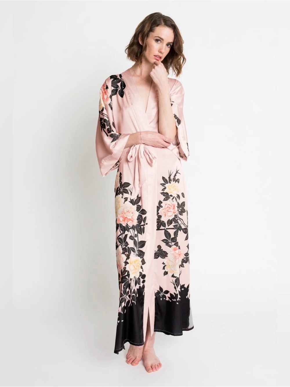 Long Floral Satin Kimono Robe - Pink